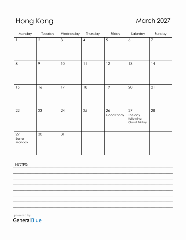 March 2027 Hong Kong Calendar with Holidays (Monday Start)