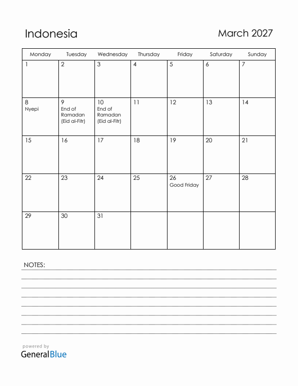 March 2027 Indonesia Calendar with Holidays (Monday Start)