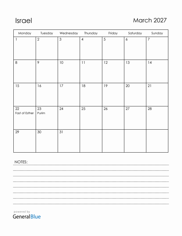 March 2027 Israel Calendar with Holidays (Monday Start)
