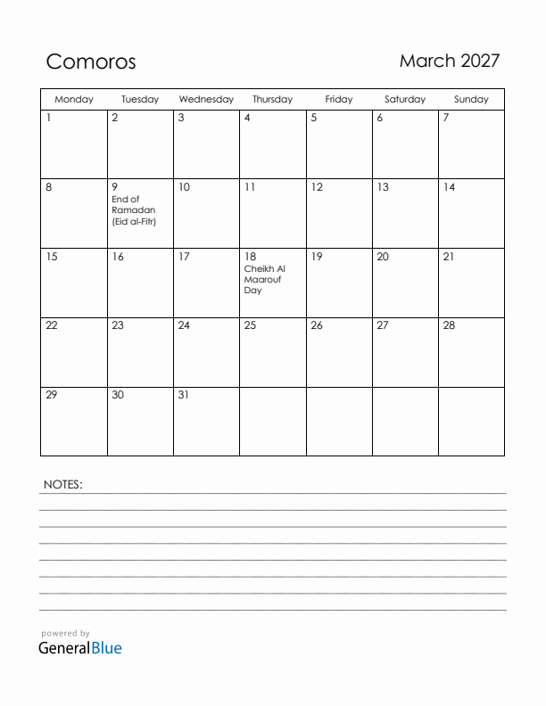 March 2027 Comoros Calendar with Holidays (Monday Start)