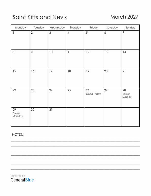 March 2027 Saint Kitts and Nevis Calendar with Holidays (Monday Start)