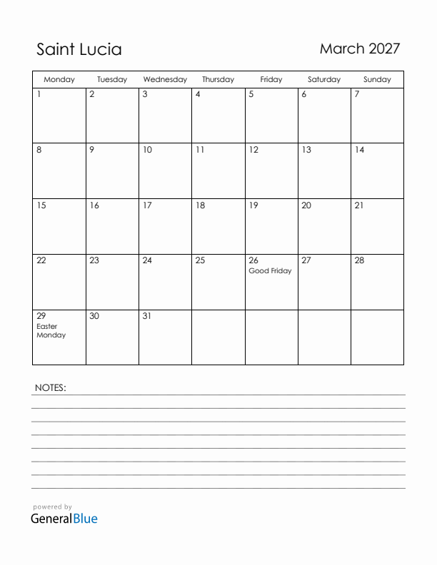 March 2027 Saint Lucia Calendar with Holidays (Monday Start)