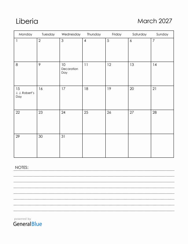 March 2027 Liberia Calendar with Holidays (Monday Start)