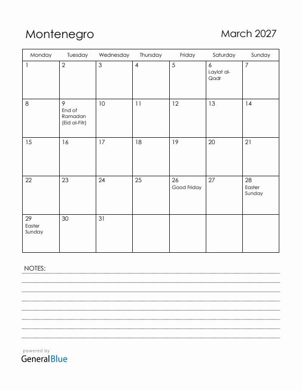 March 2027 Montenegro Calendar with Holidays (Monday Start)