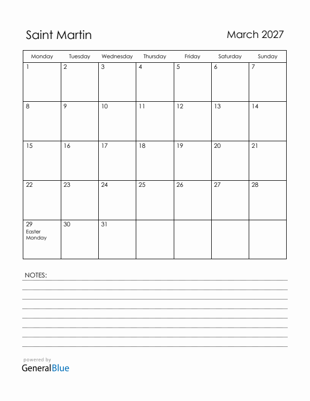March 2027 Saint Martin Calendar with Holidays (Monday Start)