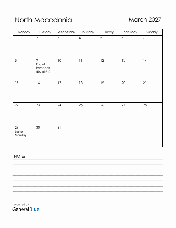 March 2027 North Macedonia Calendar with Holidays (Monday Start)