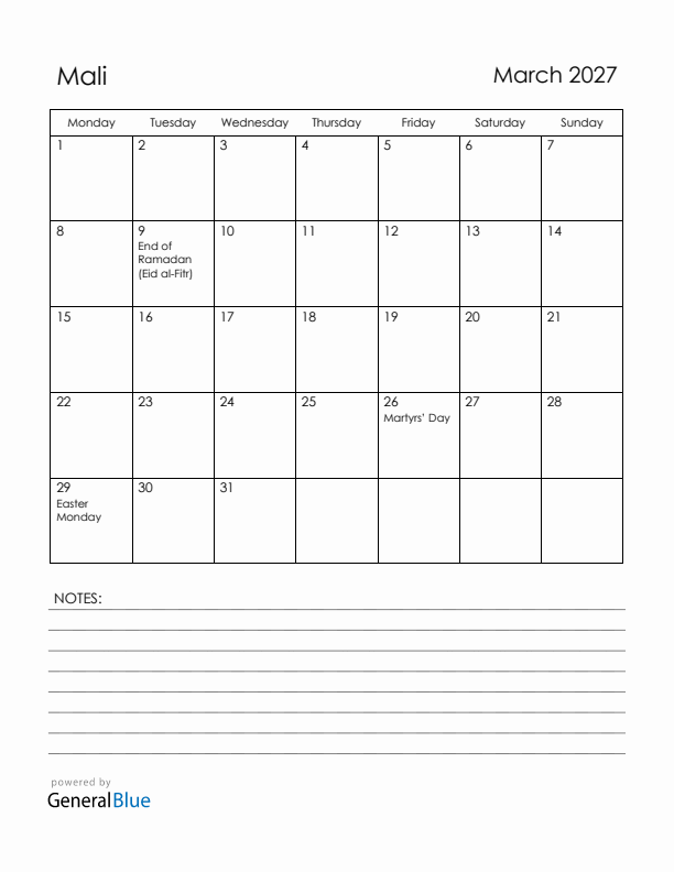 March 2027 Mali Calendar with Holidays (Monday Start)