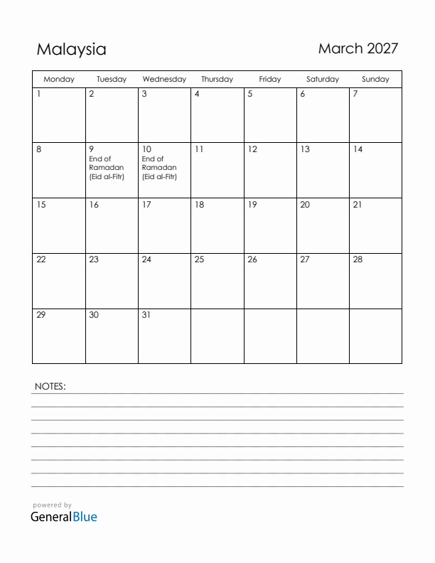 March 2027 Malaysia Calendar with Holidays (Monday Start)