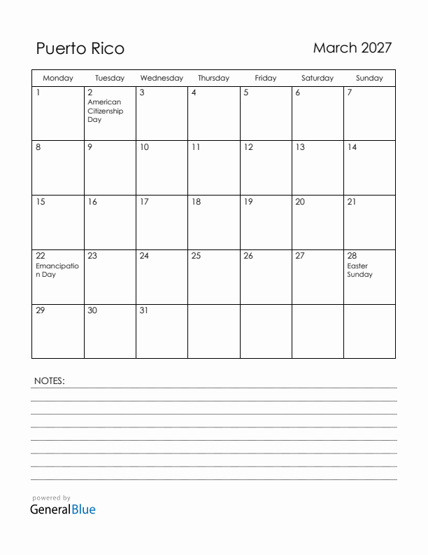 March 2027 Puerto Rico Calendar with Holidays (Monday Start)