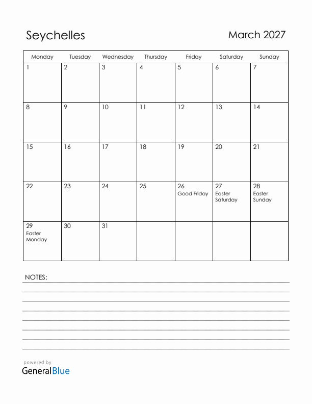 March 2027 Seychelles Calendar with Holidays (Monday Start)
