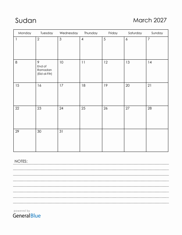 March 2027 Sudan Calendar with Holidays (Monday Start)