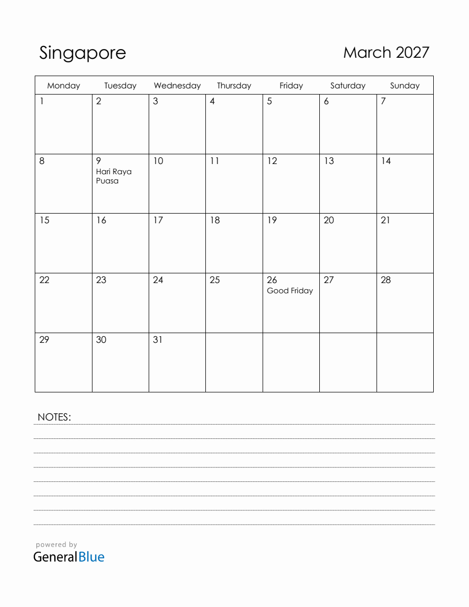 March 2027 Singapore Calendar with Holidays (Monday Start)