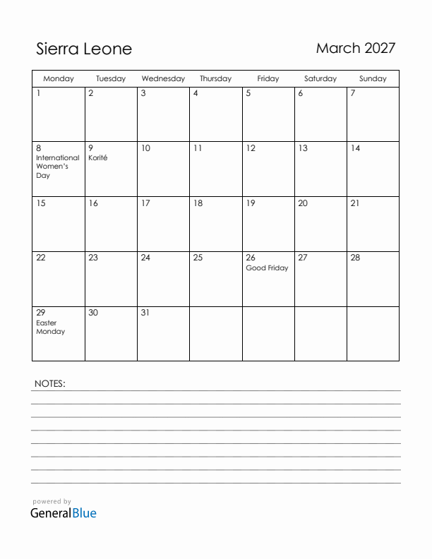 March 2027 Sierra Leone Calendar with Holidays (Monday Start)