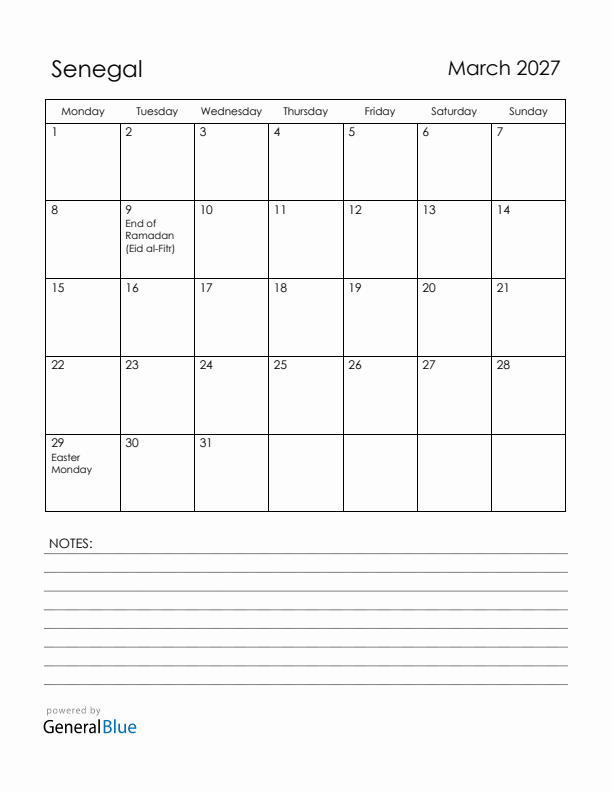 March 2027 Senegal Calendar with Holidays (Monday Start)