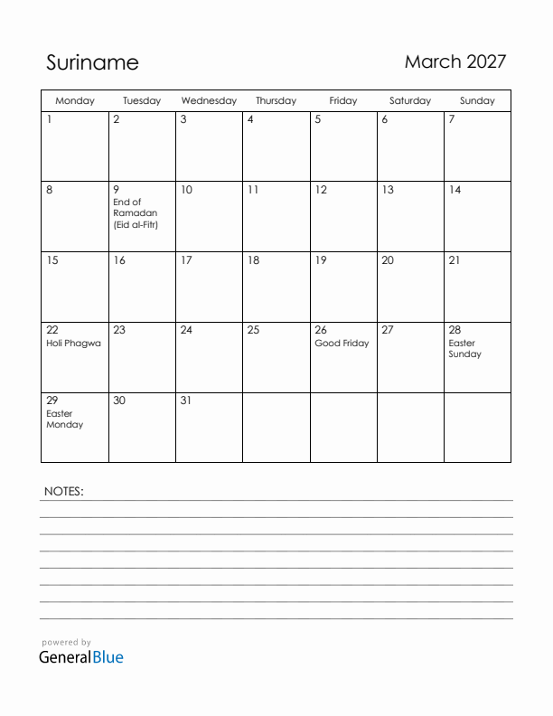 March 2027 Suriname Calendar with Holidays (Monday Start)