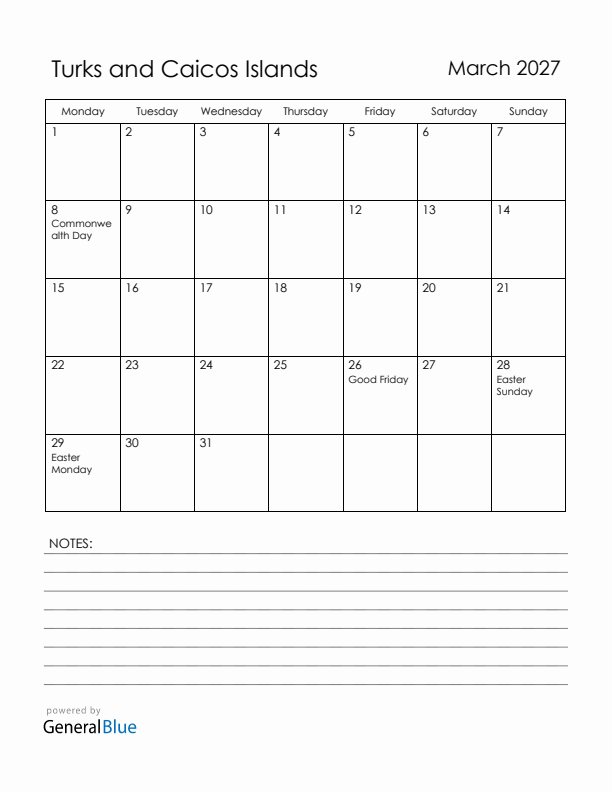 March 2027 Turks and Caicos Islands Calendar with Holidays (Monday Start)
