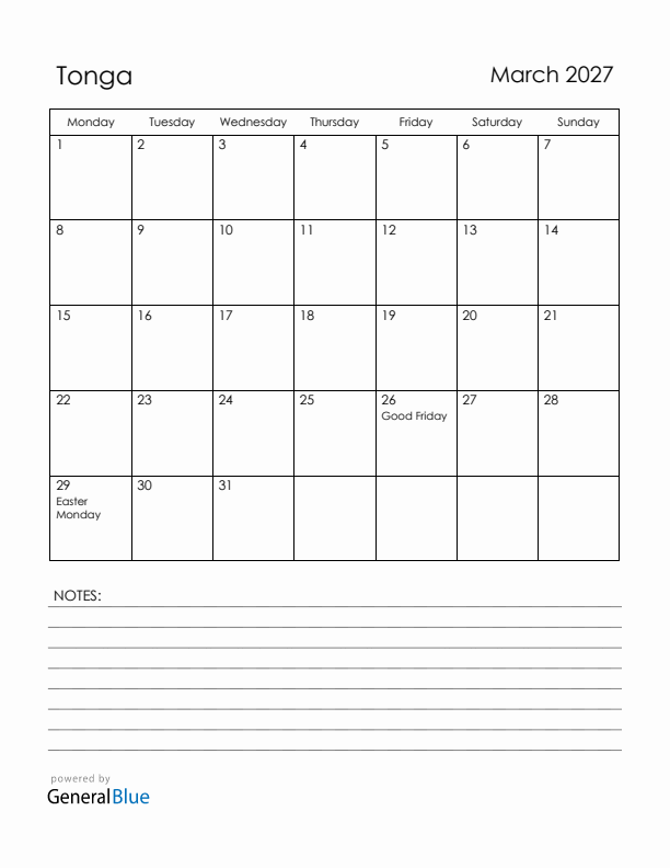 March 2027 Tonga Calendar with Holidays (Monday Start)