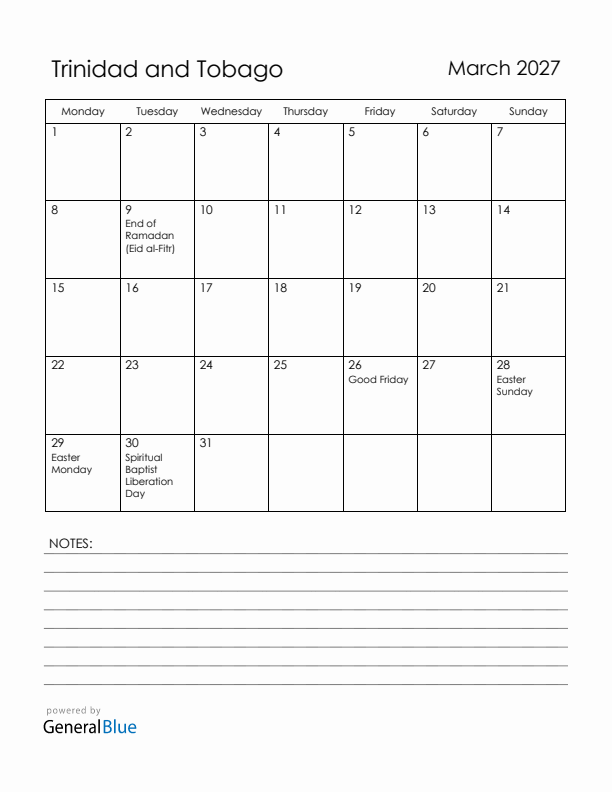 March 2027 Trinidad and Tobago Calendar with Holidays (Monday Start)