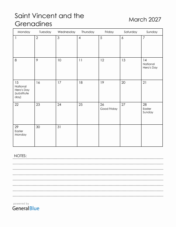 March 2027 Saint Vincent and the Grenadines Calendar with Holidays (Monday Start)