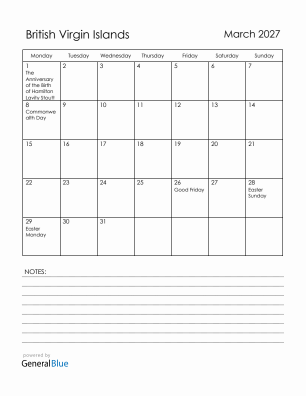 March 2027 British Virgin Islands Calendar with Holidays (Monday Start)