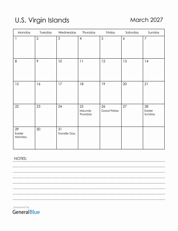 March 2027 U.S. Virgin Islands Calendar with Holidays (Monday Start)