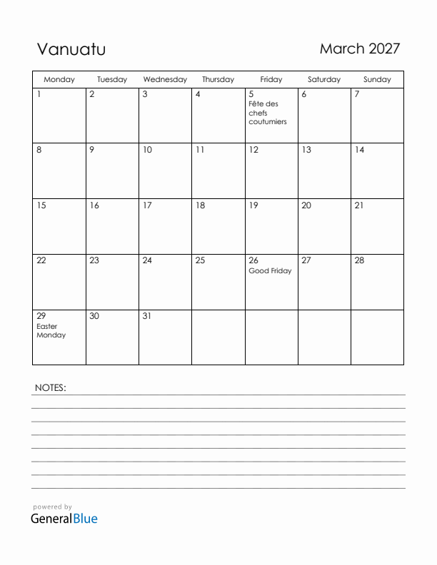 March 2027 Vanuatu Calendar with Holidays (Monday Start)
