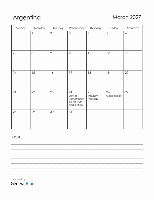 March 2027 Argentina Calendar with Holidays (Sunday Start)