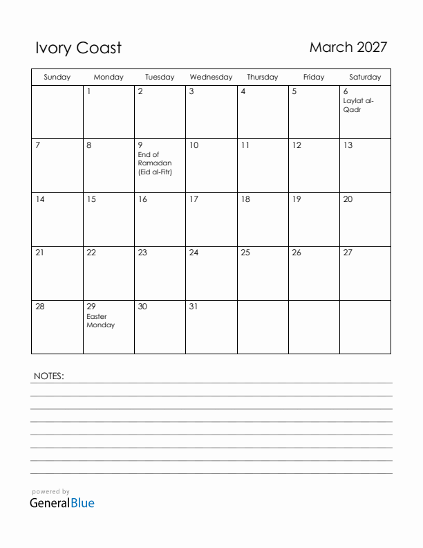 March 2027 Ivory Coast Calendar with Holidays (Sunday Start)