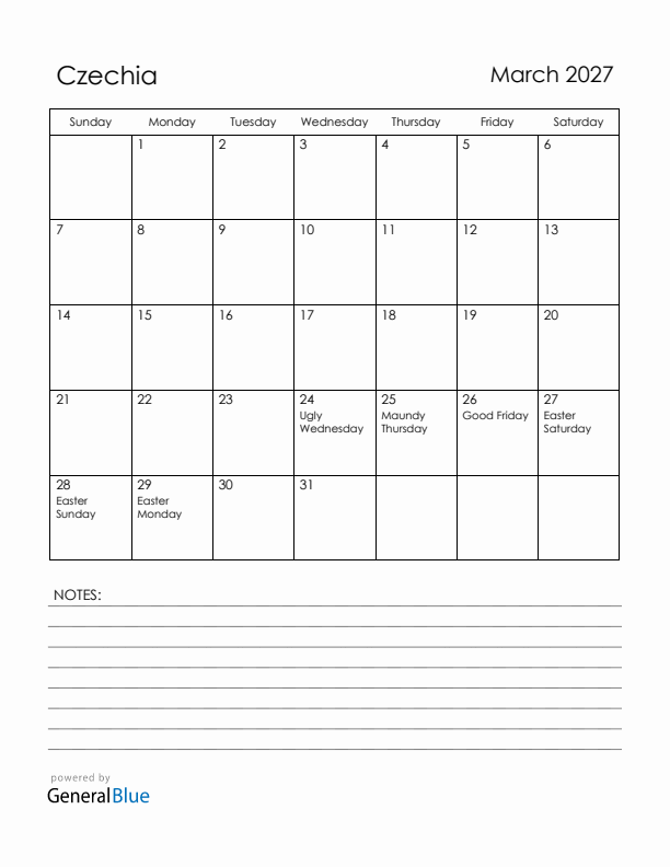 March 2027 Czechia Calendar with Holidays (Sunday Start)