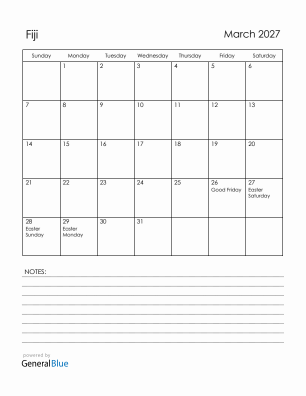 March 2027 Fiji Calendar with Holidays (Sunday Start)