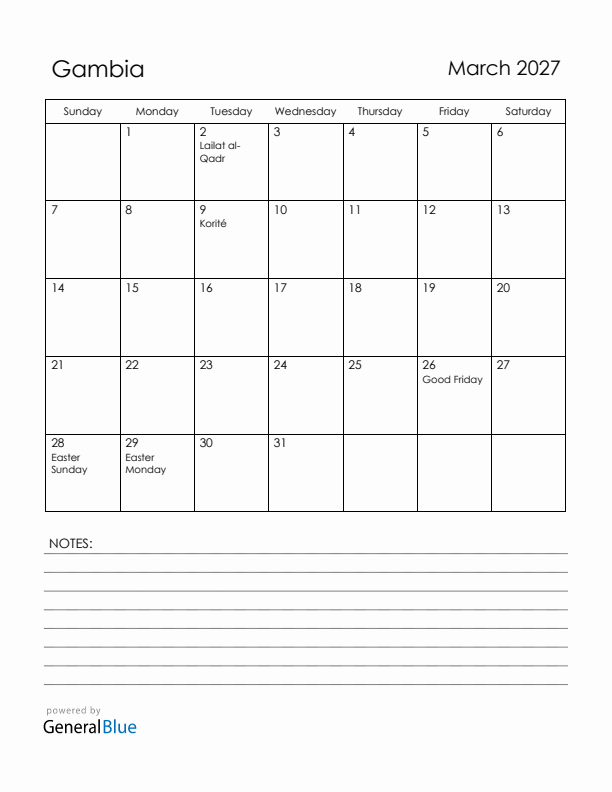 March 2027 Gambia Calendar with Holidays (Sunday Start)