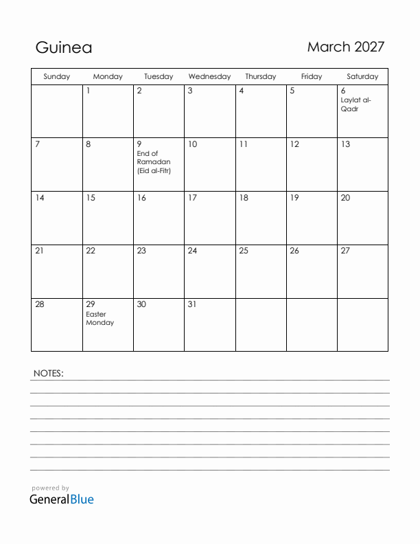 March 2027 Guinea Calendar with Holidays (Sunday Start)