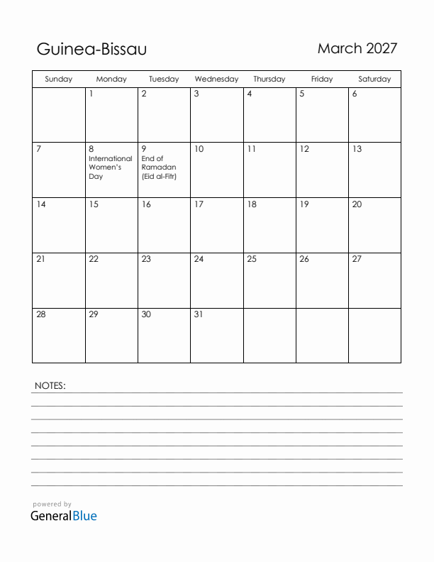 March 2027 Guinea-Bissau Calendar with Holidays (Sunday Start)