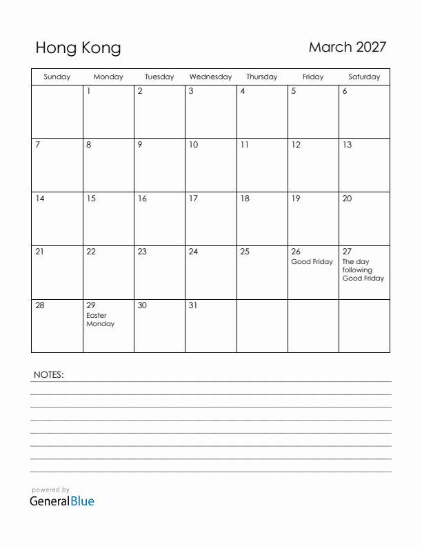 March 2027 Hong Kong Calendar with Holidays (Sunday Start)