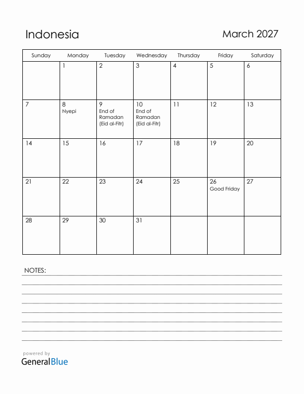 March 2027 Indonesia Calendar with Holidays (Sunday Start)