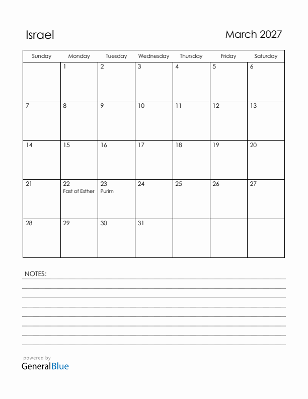 March 2027 Israel Calendar with Holidays (Sunday Start)