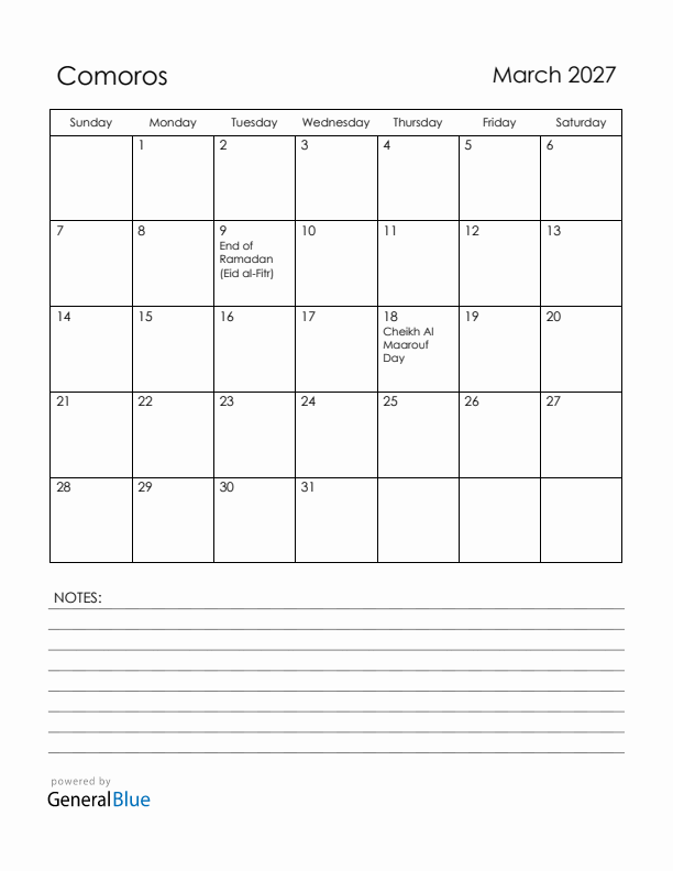 March 2027 Comoros Calendar with Holidays (Sunday Start)