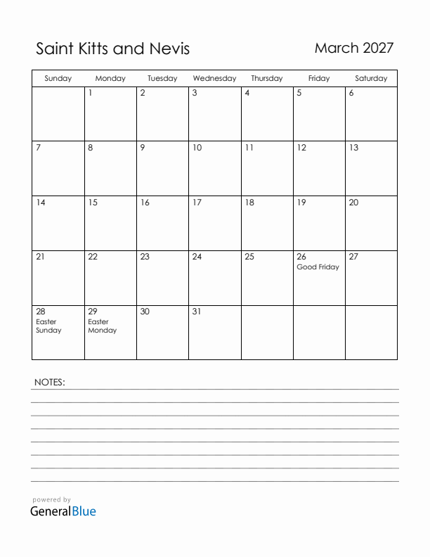 March 2027 Saint Kitts and Nevis Calendar with Holidays (Sunday Start)
