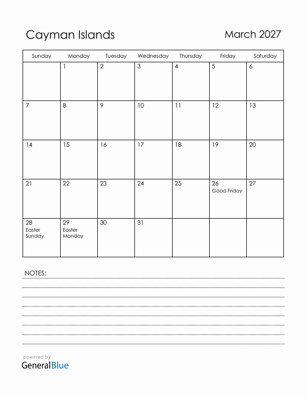 March 2027 Cayman Islands Calendar with Holidays (Sunday Start)