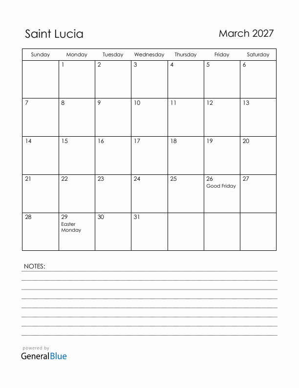 March 2027 Saint Lucia Calendar with Holidays (Sunday Start)