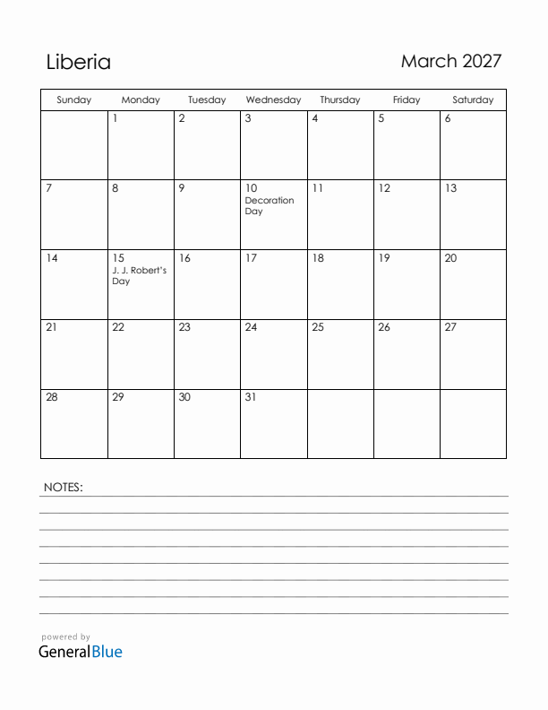 March 2027 Liberia Calendar with Holidays (Sunday Start)