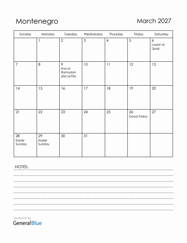 March 2027 Montenegro Calendar with Holidays (Sunday Start)