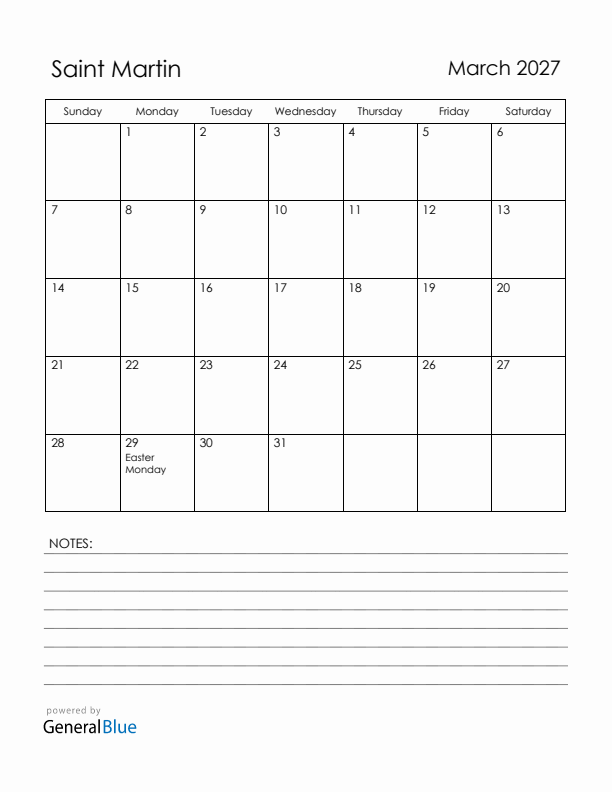 March 2027 Saint Martin Calendar with Holidays (Sunday Start)