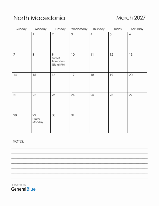 March 2027 North Macedonia Calendar with Holidays (Sunday Start)