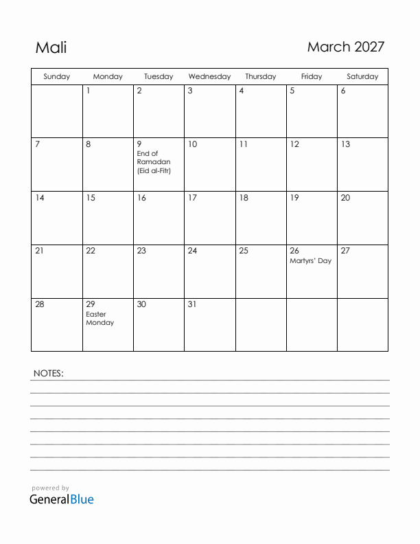March 2027 Mali Calendar with Holidays (Sunday Start)