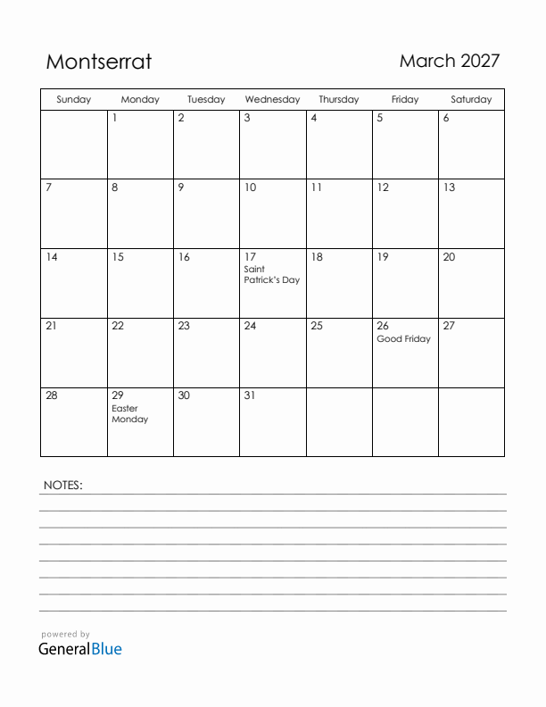 March 2027 Montserrat Calendar with Holidays (Sunday Start)