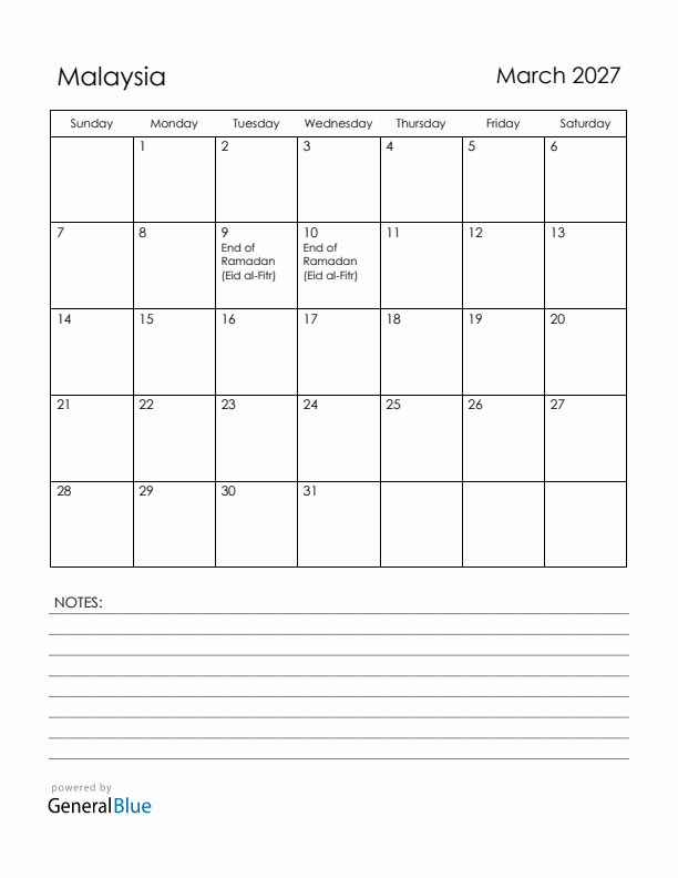 March 2027 Malaysia Calendar with Holidays (Sunday Start)