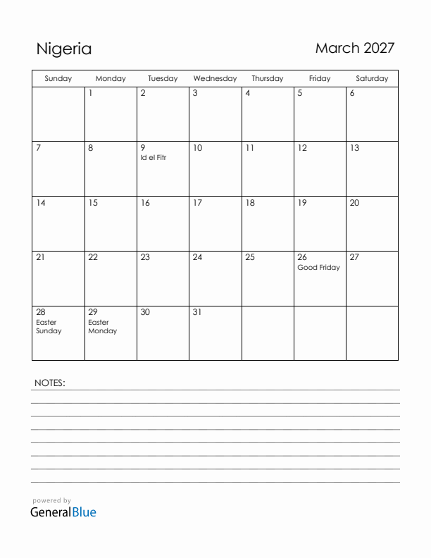 March 2027 Nigeria Calendar with Holidays (Sunday Start)