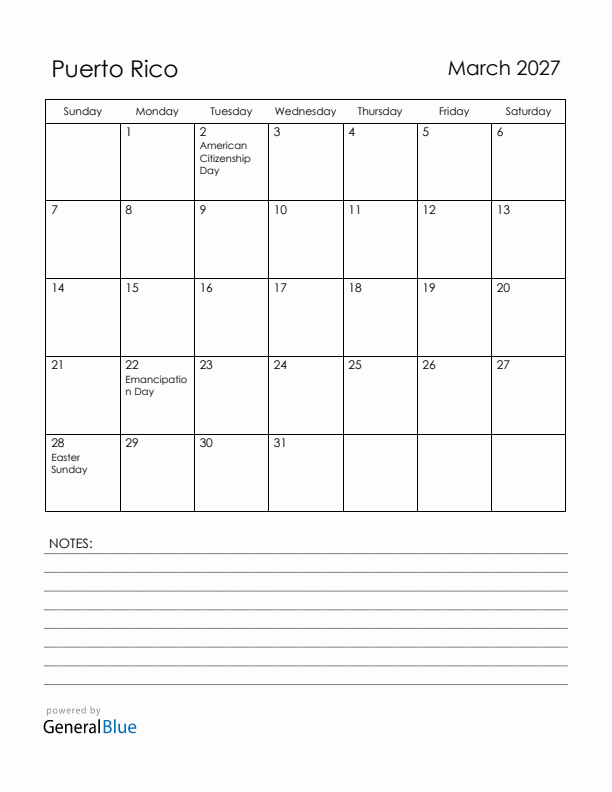 March 2027 Puerto Rico Calendar with Holidays (Sunday Start)