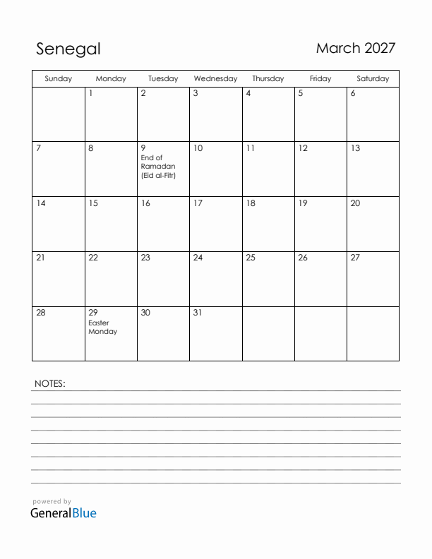March 2027 Senegal Calendar with Holidays (Sunday Start)